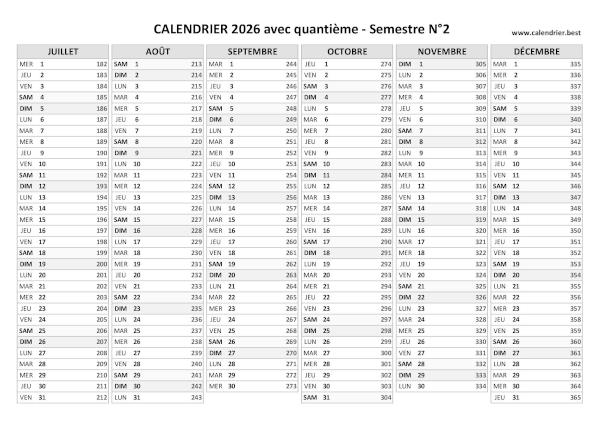 Calendrier 2026 avec quantième.