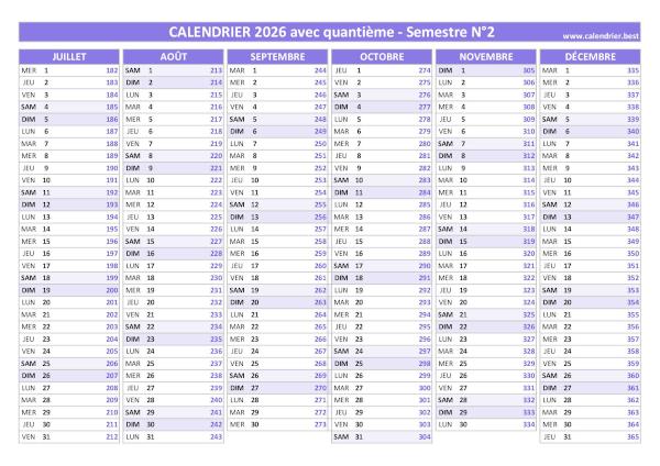 Calendrier 2026 avec quantième.