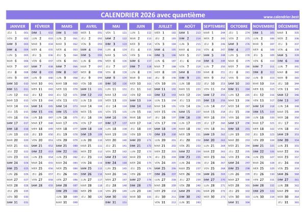 Calendrier 2026 avec quantième, thème violet.