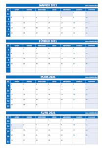 Calendrier quadrimestriel pour les mois de janvier, février, mars et avril 2021 à télécharger en pdf et imprimer au format A4 paysage. Calendrier pour le 1er quadrimestre 2021 : mois de janvier, février, mars et avril 2021