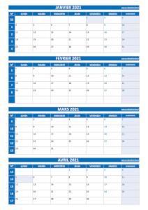 Calendrier pour le 1er quadrimestre 2021 : mois de janvier, février, mars et avril 2021