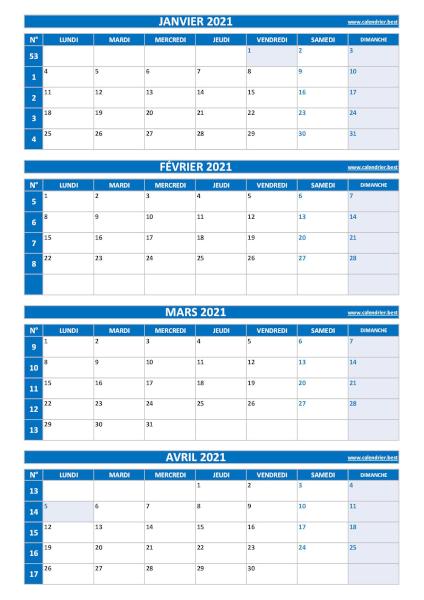 Calendrier quadrimestriel pour les mois de janvier, février, mars et avril 2021 à télécharger en pdf et imprimer au format A4 paysage., template bleu. Calendrier pour le 1er quadrimestre 2021 : mois de janvier, février, mars et avril 2021