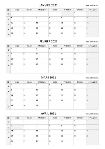 Calendrier quadrimestriel pour les mois de janvier, février, mars et avril 2021 à télécharger en pdf et imprimer au format A4 paysage., template gris. Calendrier pour le 1er quadrimestre 2021 : mois de janvier, février, mars et avril 2021