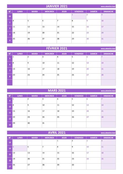 Calendrier quadrimestriel pour les mois de janvier, février, mars et avril 2021 à télécharger en pdf et imprimer au format A4 paysage., template violet. Calendrier pour le 1er quadrimestre 2021 : mois de janvier, février, mars et avril 2021