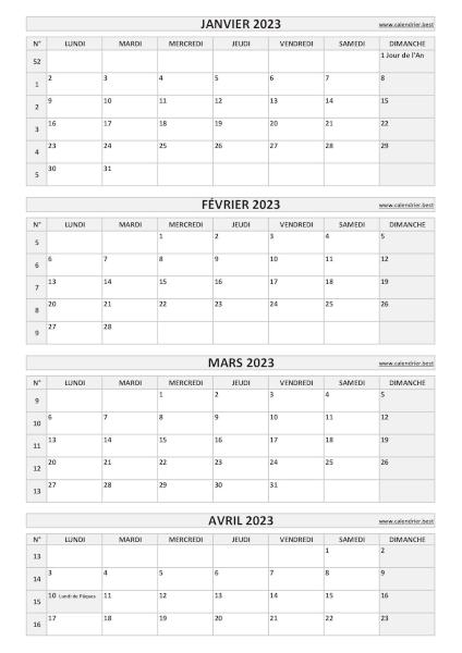 Calendrier pour le 1er quadrimestre 2023 : mois de janvier, février, mars et avril 2023