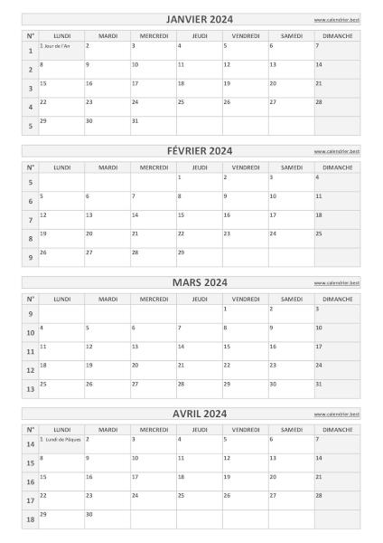 Calendrier pour le 1er quadrimestre 2024 : mois de janvier, février, mars et avril 2024
