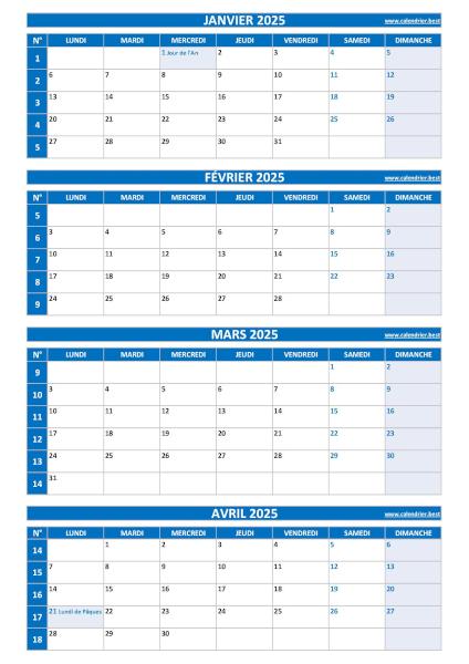 Calendrier pour le 1er quadrimestre 2025 : mois de janvier, février, mars et avril 2025