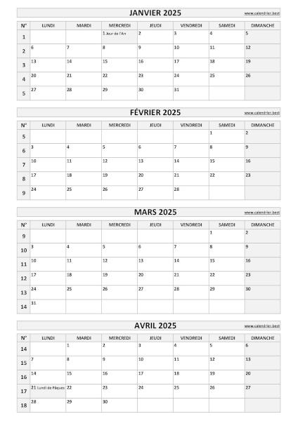 Calendrier pour le 1er quadrimestre 2025 : mois de janvier, février, mars et avril 2025