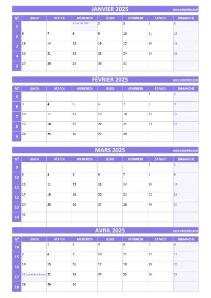 Calendrier quadrimestriel pour les mois de janvier, février, mars et avril 2025 à télécharger en pdf et imprimer au format A4 portrait, template violet. Calendrier pour le 1er quadrimestre 2025 : mois de janvier, février, mars et avril 2025