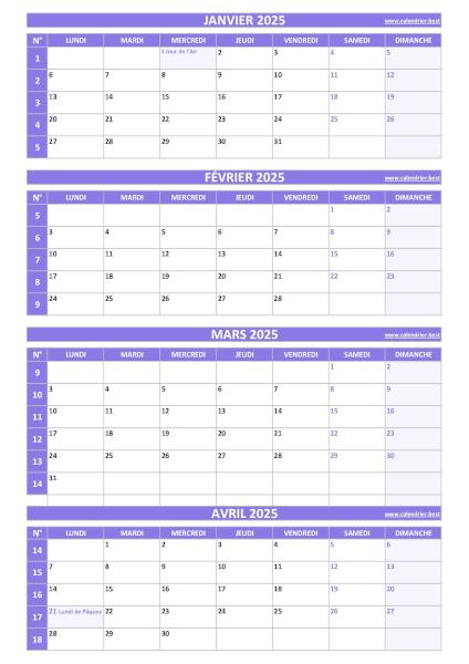 Calendrier pour le 1er quadrimestre 2025 : mois de janvier, février, mars et avril 2025