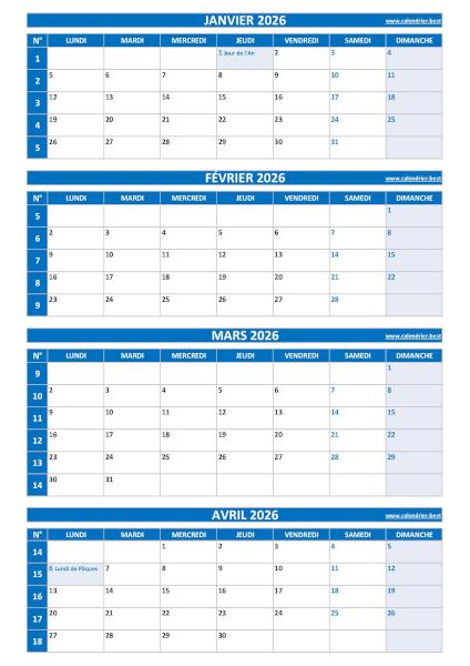 Calendrier pour le 1er quadrimestre 2026 : mois de janvier, février, mars et avril 2026