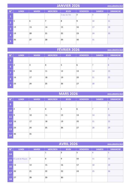 Calendrier pour le 1er quadrimestre 2026 : mois de janvier, février, mars et avril 2026