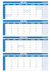 Calendrier quadrimestriel pour les mois de mai, juin, juillet et août 2021 à télécharger en pdf et imprimer au format A4 paysage. Calendrier pour le 2ème quadrimestre 2021 : mois de mai, juin, juillet et août 2021