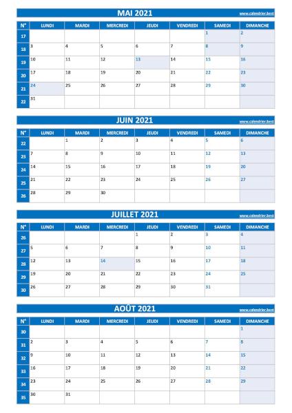 Calendrier quadrimestriel pour les mois de mai, juin, juillet et août 2021 à télécharger en pdf et imprimer au format A4 paysage., template bleu. Calendrier pour le 2ème quadrimestre 2021 : mois de mai, juin, juillet et août 2021