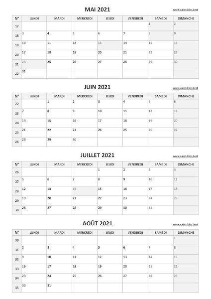Calendrier quadrimestriel pour les mois de mai, juin, juillet et août 2021 à télécharger en pdf et imprimer au format A4 paysage., template gris. Calendrier pour le 2ème quadrimestre 2021 : mois de mai, juin, juillet et août 2021