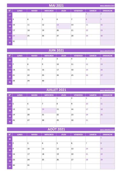 Calendrier quadrimestriel pour les mois de mai, juin, juillet et août 2021 à télécharger en pdf et imprimer au format A4 paysage., template violet. Calendrier pour le 2ème quadrimestre 2021 : mois de mai, juin, juillet et août 2021