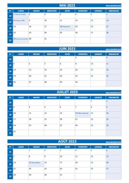 Calendrier quadrimestriel pour les mois de mai, juin, juillet et août 2023 à télécharger en pdf et imprimer au format A4 paysage. Calendrier pour le 2ème quadrimestre 2023 : mois de mai, juin, juillet et août 2023