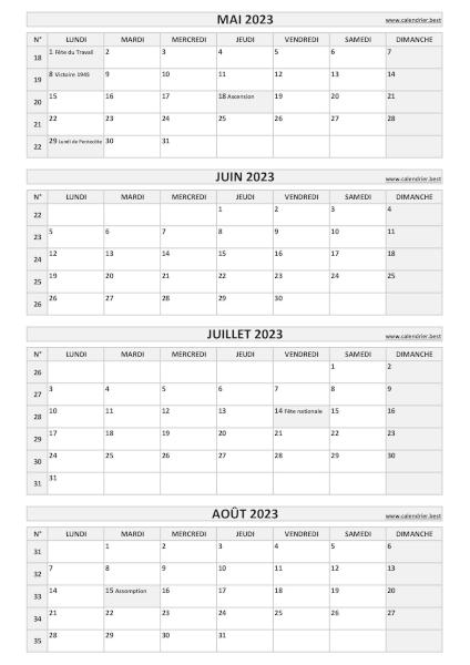 Calendrier pour le 2ème quadrimestre 2023 : mois de mai, juin, juillet et août 2023