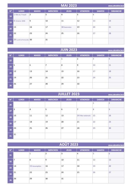 Calendrier pour le 2ème quadrimestre 2023 : mois de mai, juin, juillet et août 2023