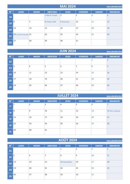 Calendrier pour le 2ème quadrimestre 2024 : mois de mai, juin, juillet et août 2024