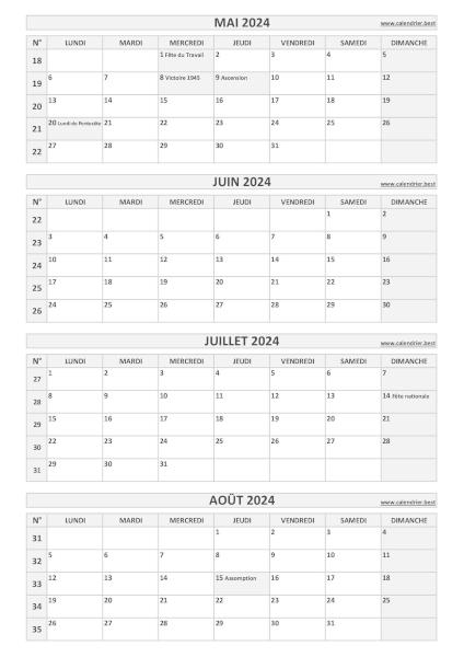 Calendrier pour le 2ème quadrimestre 2024 : mois de mai, juin, juillet et août 2024