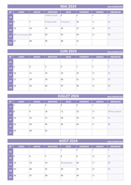 Calendrier pour le 2ème quadrimestre 2024 : mois de mai, juin, juillet et août 2024