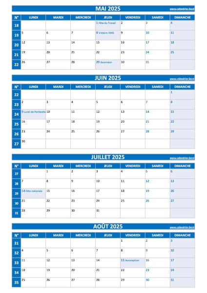 Calendrier pour le 2ème quadrimestre 2025 : mois de mai, juin, juillet et août 2025