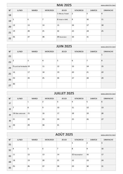 Calendrier pour le 2ème quadrimestre 2025 : mois de mai, juin, juillet et août 2025