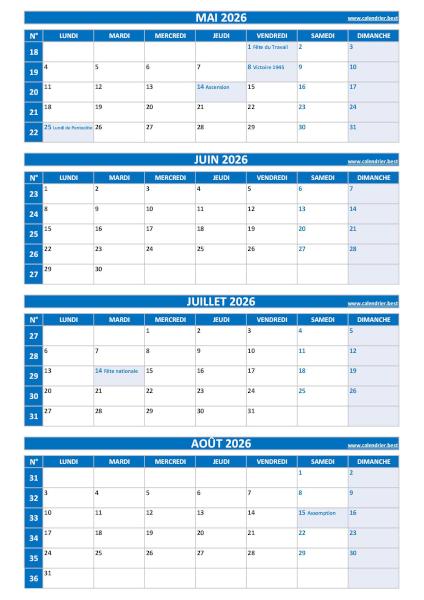 Calendrier pour le 2ème quadrimestre 2026 : mois de mai, juin, juillet et août 2026