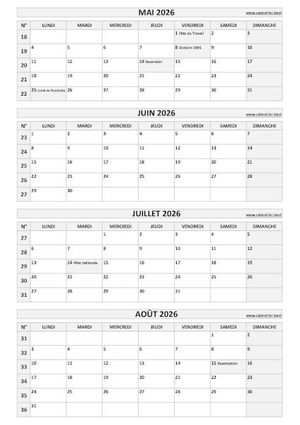 Calendrier pour le 2ème quadrimestre 2026 : mois de mai, juin, juillet et août 2026