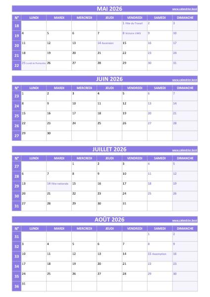 Calendrier pour le 2ème quadrimestre 2026 : mois de mai, juin, juillet et août 2026