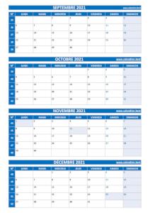 Calendrier quadrimestriel pour les mois de septembre, octobre, novembre et décembre 2021 à télécharger en pdf et imprimer au format A4 paysage. Calendrier pour le 3ème quadrimestre 2021 : mois de septembre, octobre, novembre et décembre 2021