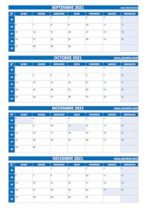 Calendrier pour le 3ème quadrimestre 2021 : mois de septembre, octobre, novembre et décembre 2021