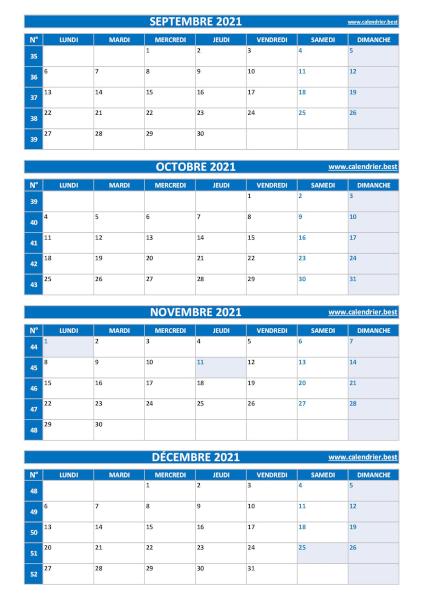 Calendrier pour le 3ème quadrimestre 2021 : mois de septembre, octobre, novembre et décembre 2021