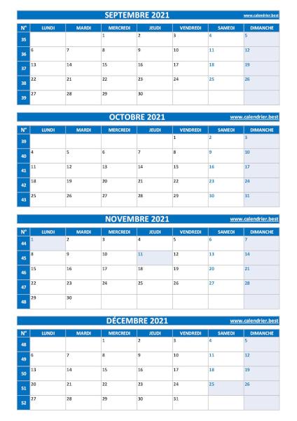 Calendrier quadrimestriel pour les mois de septembre, octobre, novembre et décembre 2021 à télécharger en pdf et imprimer au format A4 paysage., template bleu. Calendrier pour le 3ème quadrimestre 2021 : mois de septembre, octobre, novembre et décembre 2021
