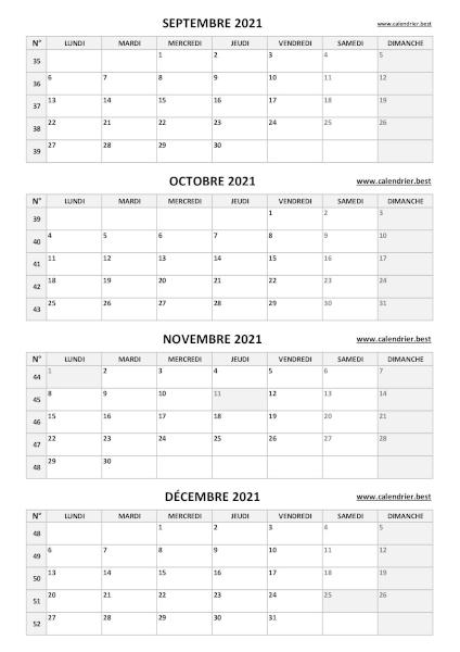 Calendrier quadrimestriel pour les mois de septembre, octobre, novembre et décembre 2021 à télécharger en pdf et imprimer au format A4 paysage., template gris. Calendrier pour le 3ème quadrimestre 2021 : mois de septembre, octobre, novembre et décembre 2021