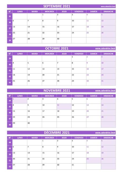Calendrier quadrimestriel pour les mois de septembre, octobre, novembre et décembre 2021 à télécharger en pdf et imprimer au format A4 paysage., template violet. Calendrier pour le 3ème quadrimestre 2021 : mois de septembre, octobre, novembre et décembre 2021