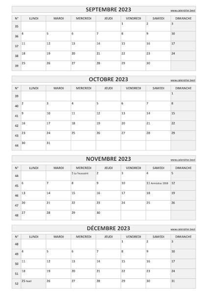 Calendrier quadrimestriel pour les mois de septembre, octobre, novembre et décembre 2023 à télécharger en pdf et imprimer au format A4 portrait, template gris. Calendrier pour le 3ème quadrimestre 2023 : mois de septembre, octobre, novembre et décembre 2023