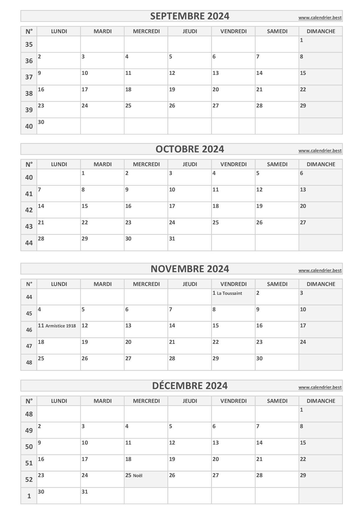 Calendrier pour le 3ème quadrimestre 2024 : mois de septembre, octobre,  novembre et décembre 2024