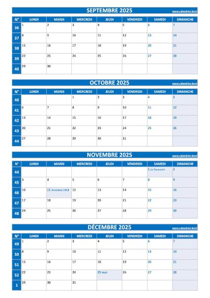 Calendrier pour le 3ème quadrimestre 2025 : mois de septembre, octobre, novembre et décembre 2025