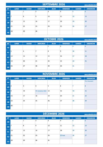 Calendrier pour le 3ème quadrimestre 2026 : mois de septembre, octobre, novembre et décembre 2026