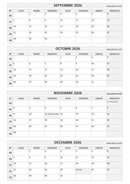 Calendrier pour le 3ème quadrimestre 2026 : mois de septembre, octobre, novembre et décembre 2026