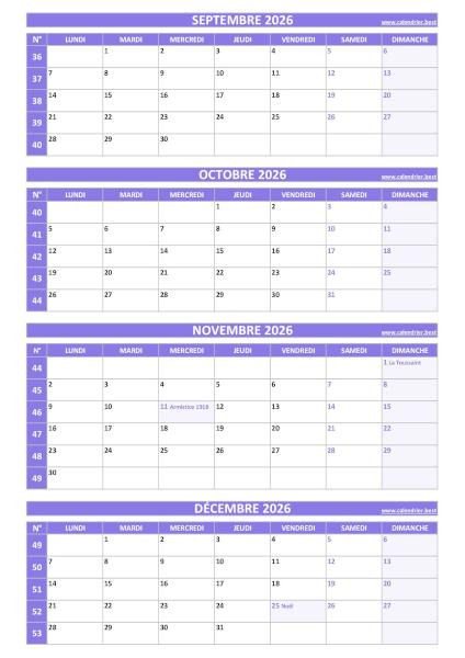 Calendrier pour le 3ème quadrimestre 2026 : mois de septembre, octobre, novembre et décembre 2026