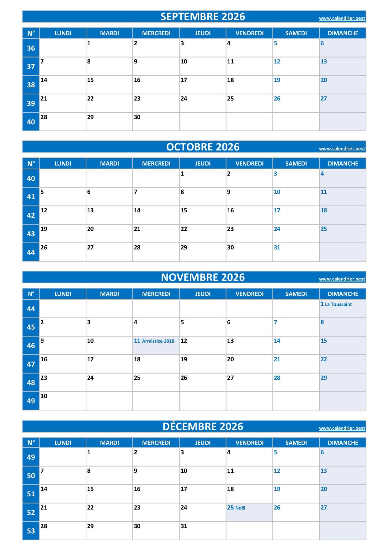 Calendrier Pour Le 3 me Quadrimestre 2026 Mois De Septembre Octobre 