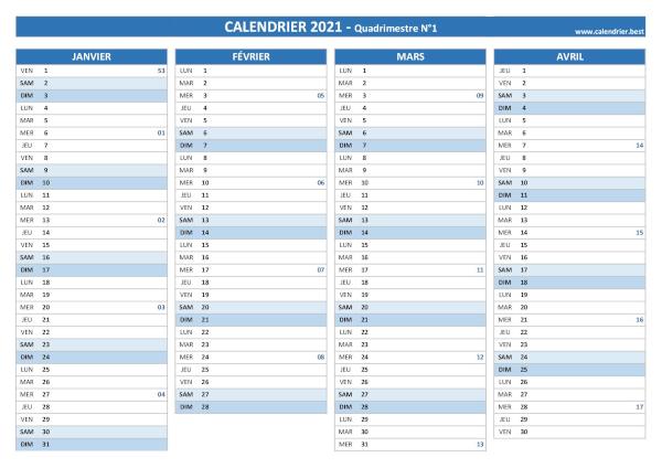 Calendrier quadrimestriel à imprimer pour les mois de janvier, février, mars et avril 2021 (Quadrimestre N°1), thème bleu. Calendrier Quadrimestre N°1 2021 à imprimer (mois de janvier, février, mars et avril 2021).