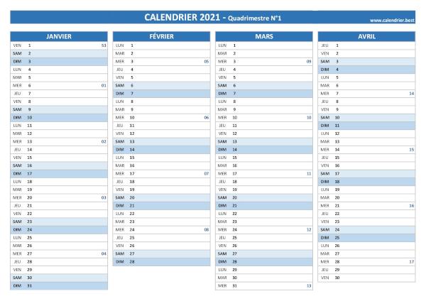 Calendrier Quadrimestre N°1 2021 à imprimer (mois de janvier, février, mars et avril 2021).