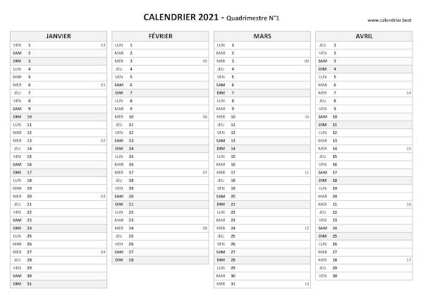 Calendrier Quadrimestre N°1 2021 à imprimer (mois de janvier, février, mars et avril 2021).
