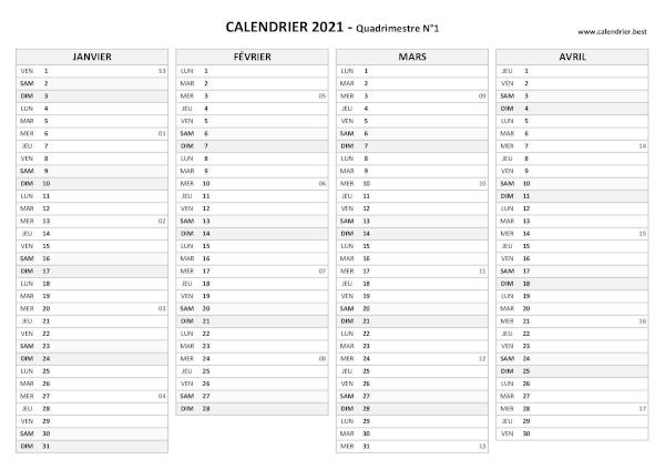 Calendrier quadrimestriel à imprimer pour les mois de janvier, février, mars et avril 2021 (Quadrimestre N°1), thème gris. Calendrier Quadrimestre N°1 2021 à imprimer (mois de janvier, février, mars et avril 2021).