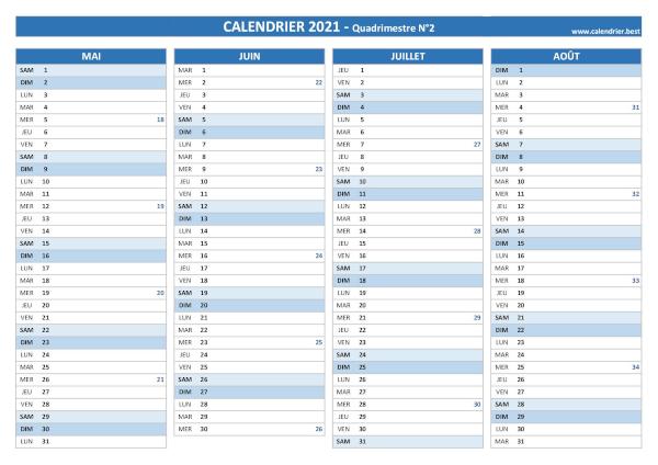 Calendrier quadrimestriel à imprimer pour les mois de mai, juin, juillet et août 2021 (Quadrimestre N°2). Calendrier pour le 2ème quadrimestre de l'année 2021 à imprimer.