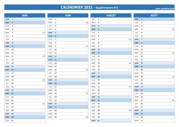 Calendrier pour le 2ème quadrimestre de l'année 2021 à imprimer.